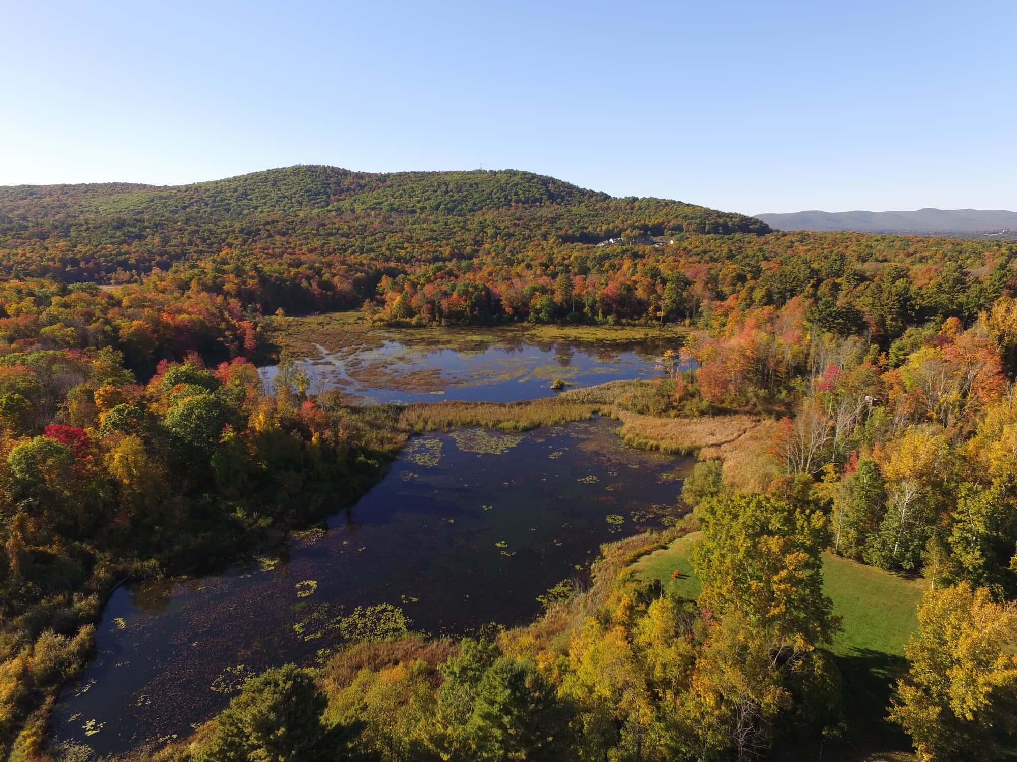 Aerial view of The Yankee Inn's wildlife preserve and pond surrounded by fall foliage