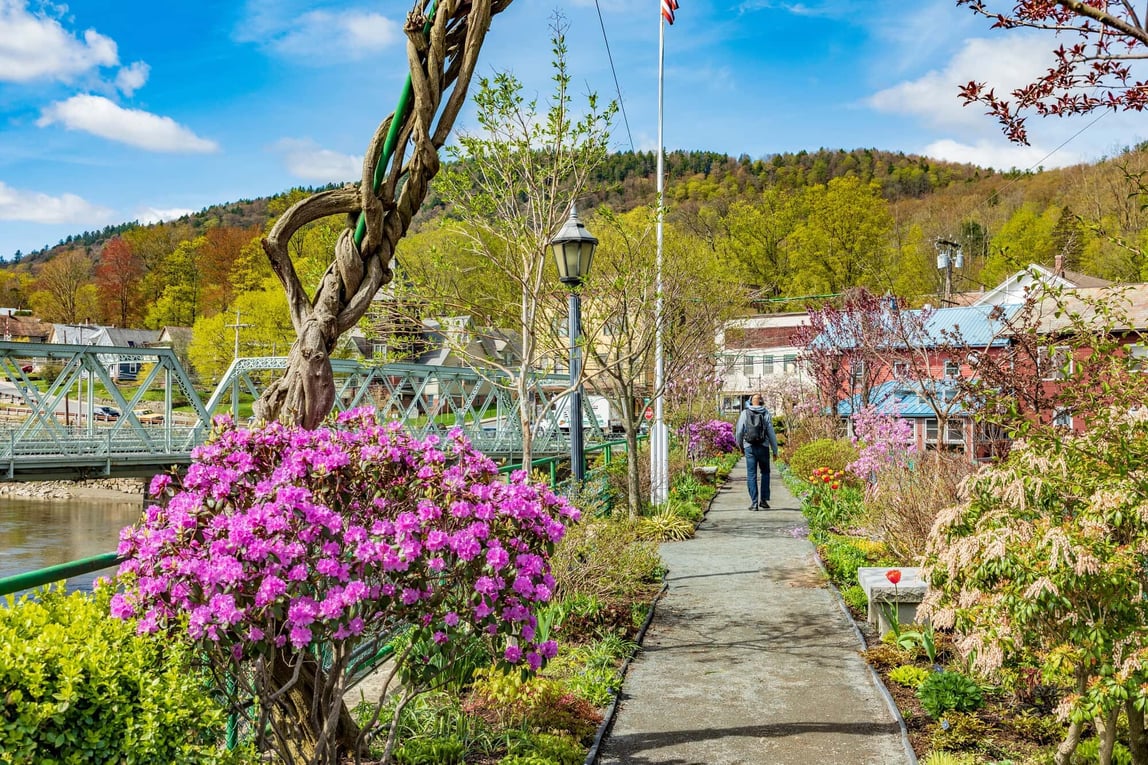 A man walking through the Bridge of Flowers near the Berkshires.